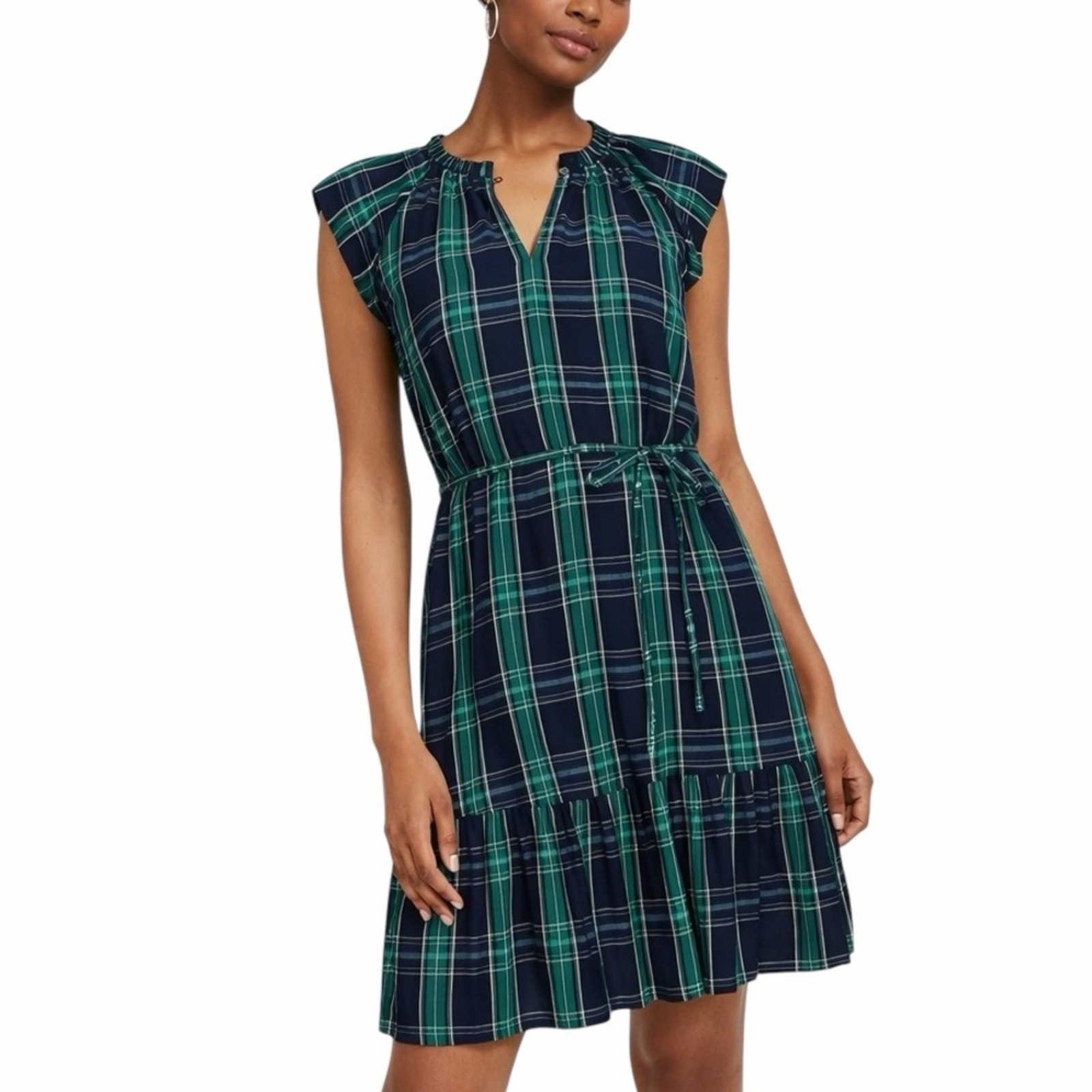 Loft Green Navy Blue Plaid Cap Sleeve Keyhole Belted Shift Dress Women’s Size 6